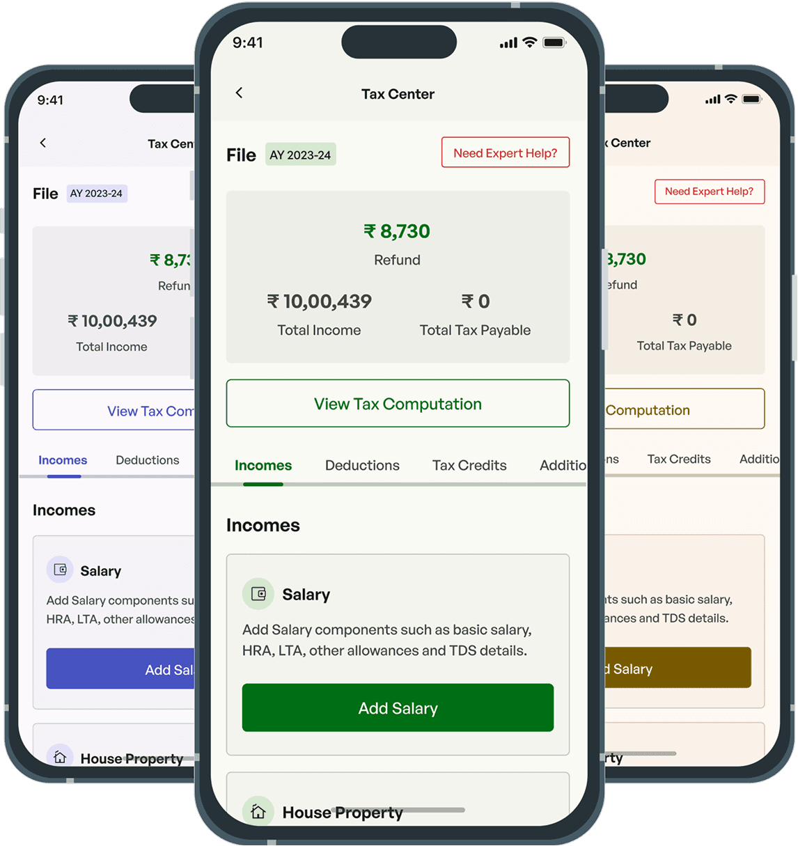 Showing multiple themed mobile app screens, representing brand-customizable UI for a tax application.