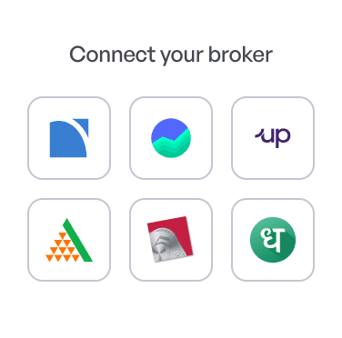 UI card titled "Connect your broker" showing broker logos (Zerodha, Upstox, Groww, Angel One, Dhan and 5paisa) for importing investment data to Quicko