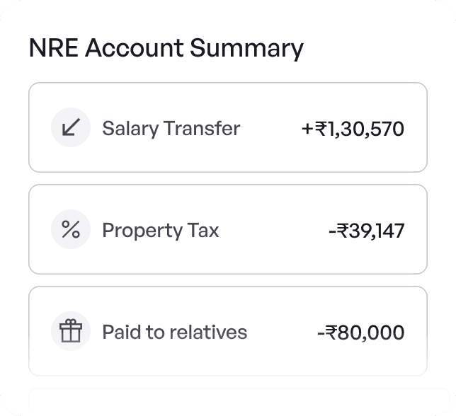 UI card titled NRE Account Summary showing transaction details