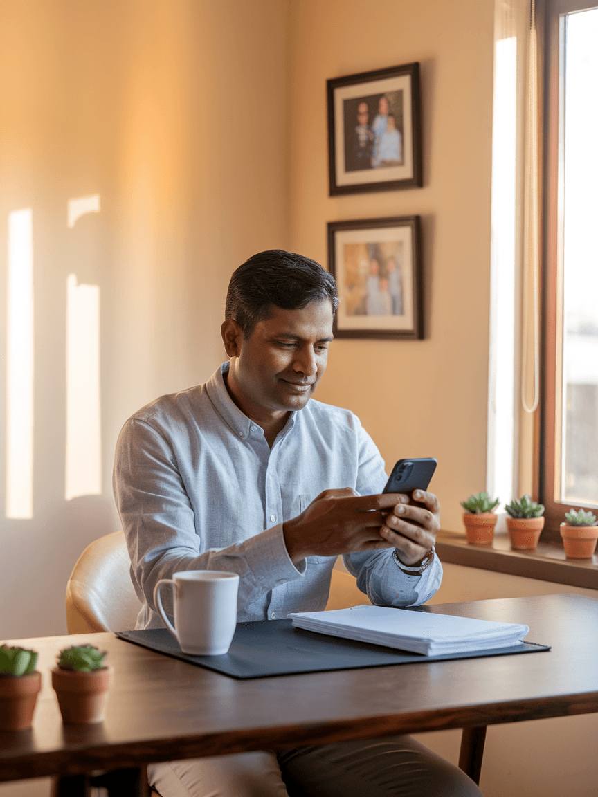 Retired civil servant, Vijay, using a mobile phone at home, and filing taxes independently without leaving the house.
