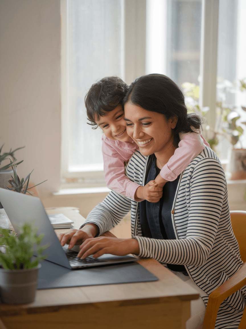 Freelance copywriter, Priya, working on a laptop at home, reporting foreign income and currency disclosures.