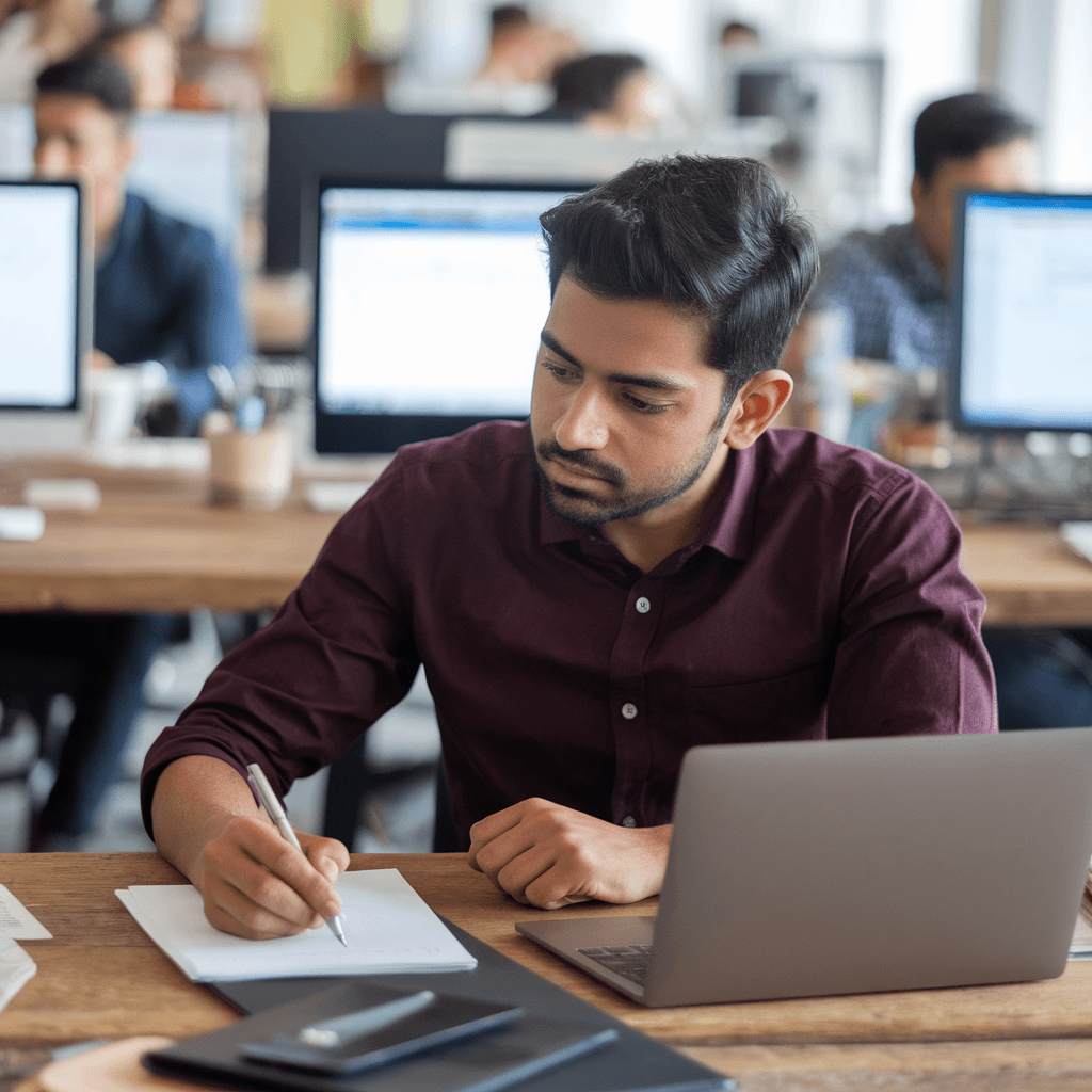 Product manager, Aarav, focused at his desk in an office, filing income tax return.