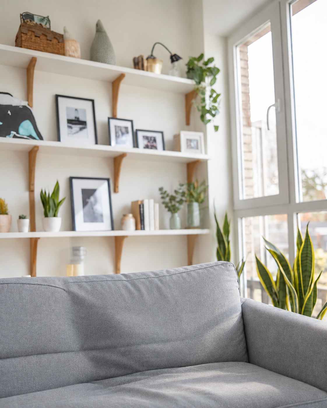 Cozy living room with a grey sofa, shelving with framed photos and plants, and natural window light.