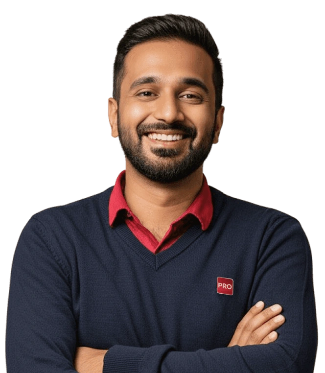 A smiling tax expert in a collared shirt with a name tag reading “Kiran, Tax expert, 8 years