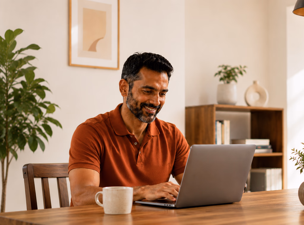 Karan, a software engineer in Bangalore, using his laptop to connect with Tax Expert Isha