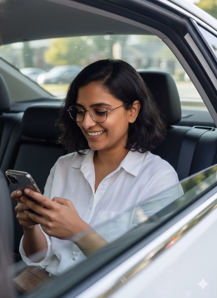 An NRI woman sitting in her car, looking at the phone and smiling. Indicates she is happy with the Quicko's services.