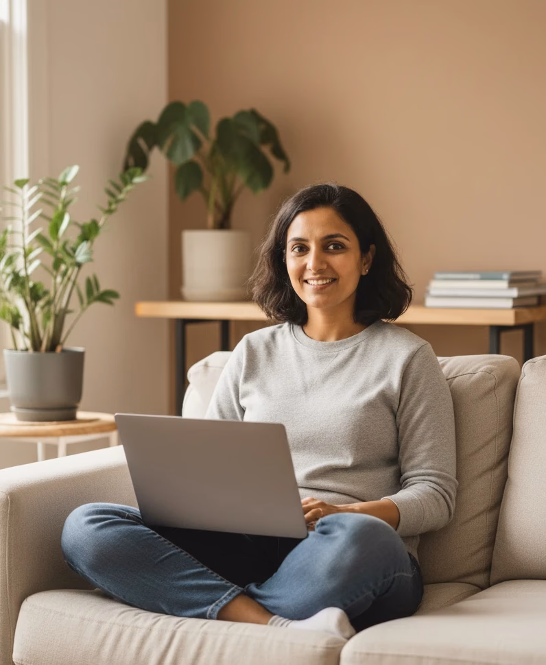 An NRI woman looking cozy at her home on a couch, with her laptop on her lap, and looks smiling at the camera