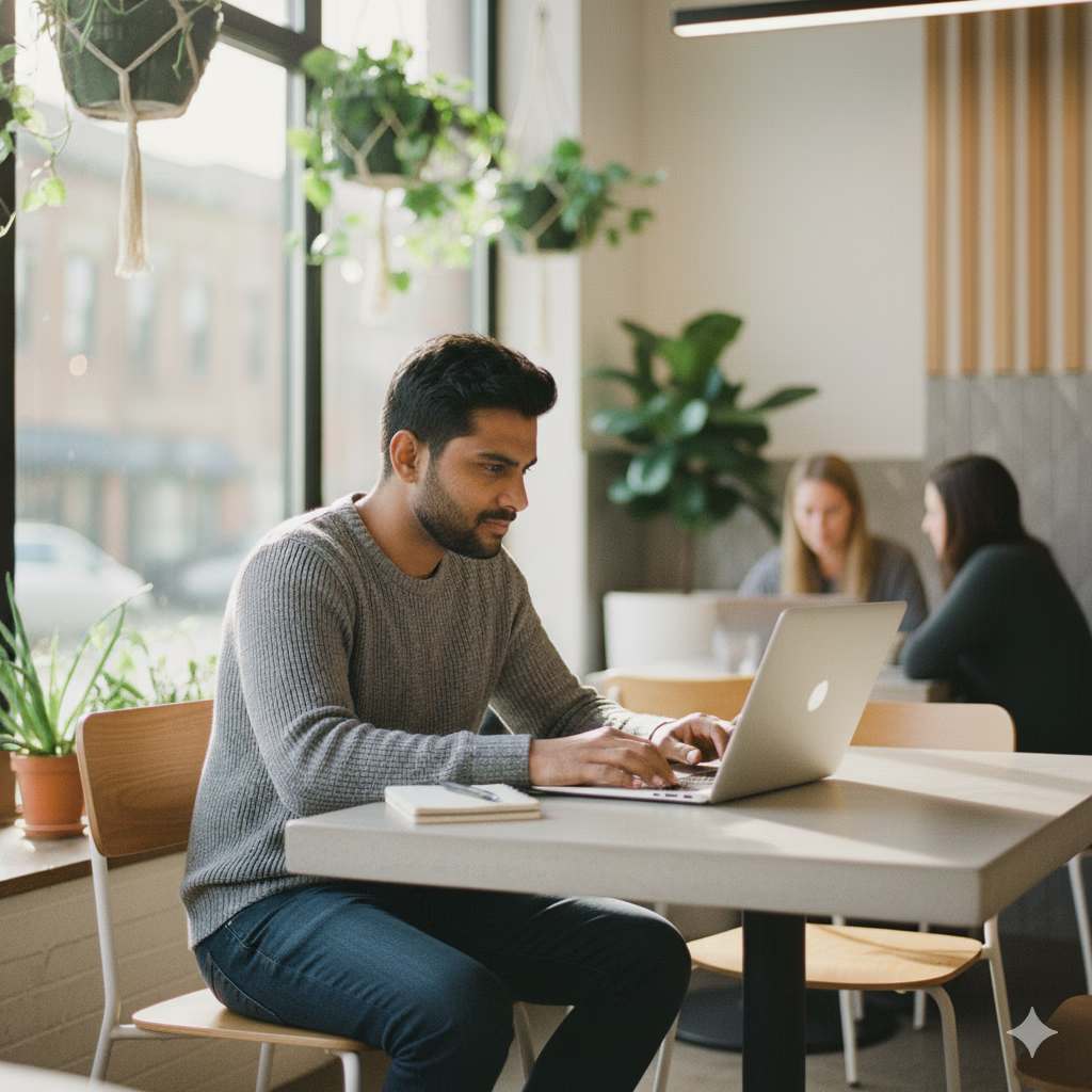 An Indian man sitting in a cafe on his computer with some foreigners in the background, indicating he is in another country.