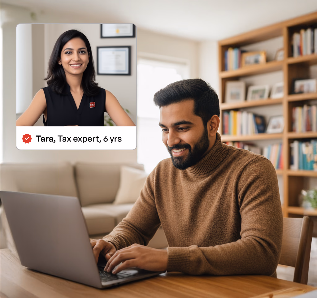 A man sitting in his home office using the laptop, the video call window shows a tax expert. The expert is wearing a pin that says "Pro", and has the subtext "Tara, Tax expert, 6 years" with a verified badge.