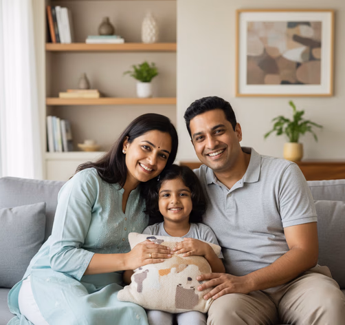 Portrait of happy family, gathered on their couch at home and smiling at the camera