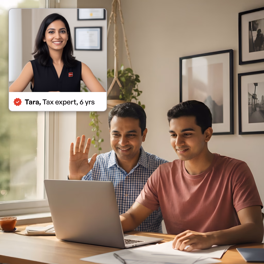 A man sitting with his teenage son, sitting at home, and consulting a tax expert through an online video call. The video call window shows a professional woman with the subtitle "Tara, Tax expert, 6 years" and a verified tag.