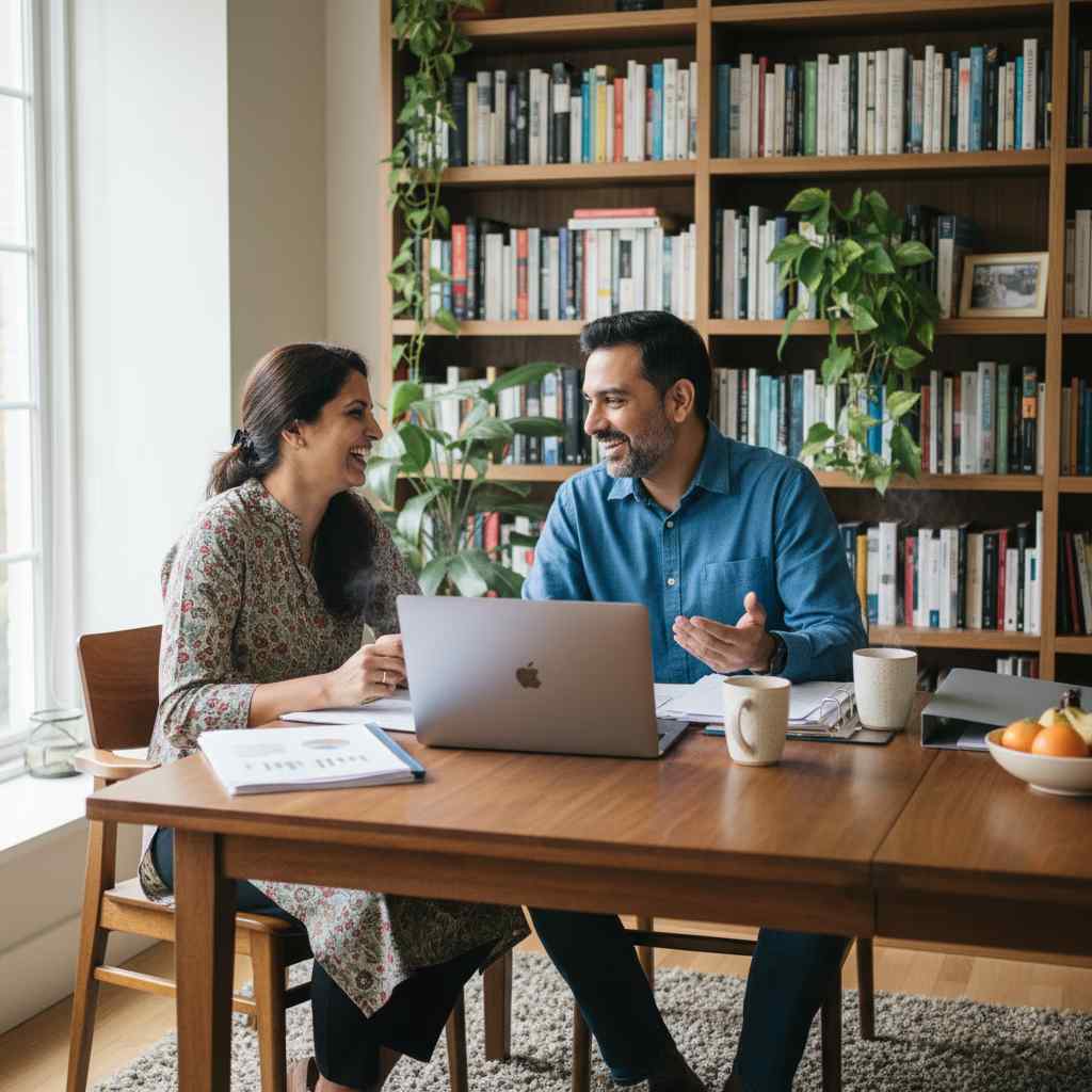 An Indian couple sitting around a table engrossed in conversation, with files and papers on the table along with 2 coffee mugs. There are books on a shelf in the background