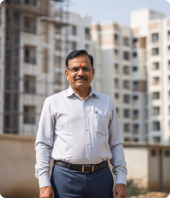 Ramesh Choudhary smiling at the camera standing in front of multiple buildings in the background
