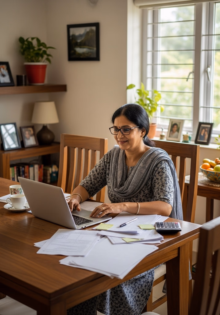 Sunita Desai, a middle-aged woman working at the table of her home with multiple papers scattered across it
