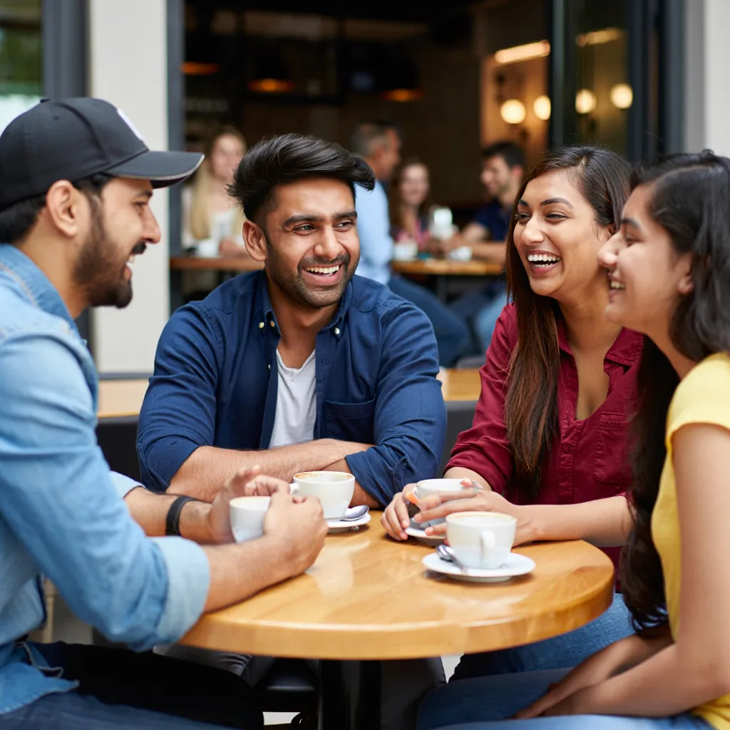 A group of friends sitting together at a café, with on-screen pop-ups showing two friends joined and 100 qbits received through a referral program.