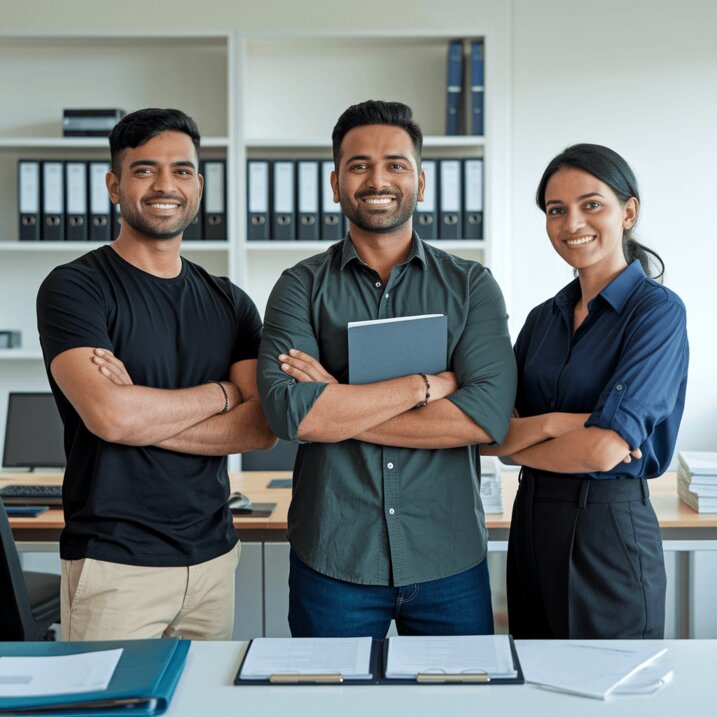 A small advisory team smiling while reviewing financial data on a laptop.