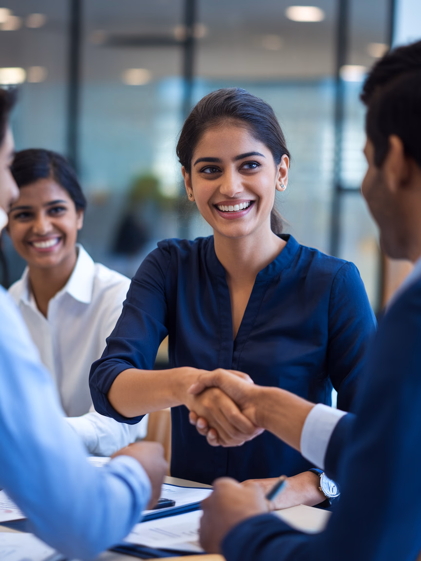 Professional handshake in an office setting, welcoming a new partner to the Meet team.