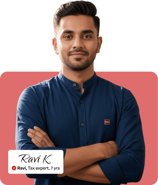 A Tax expert standing with a name tag “Ravi, Tax expert, 7 years"