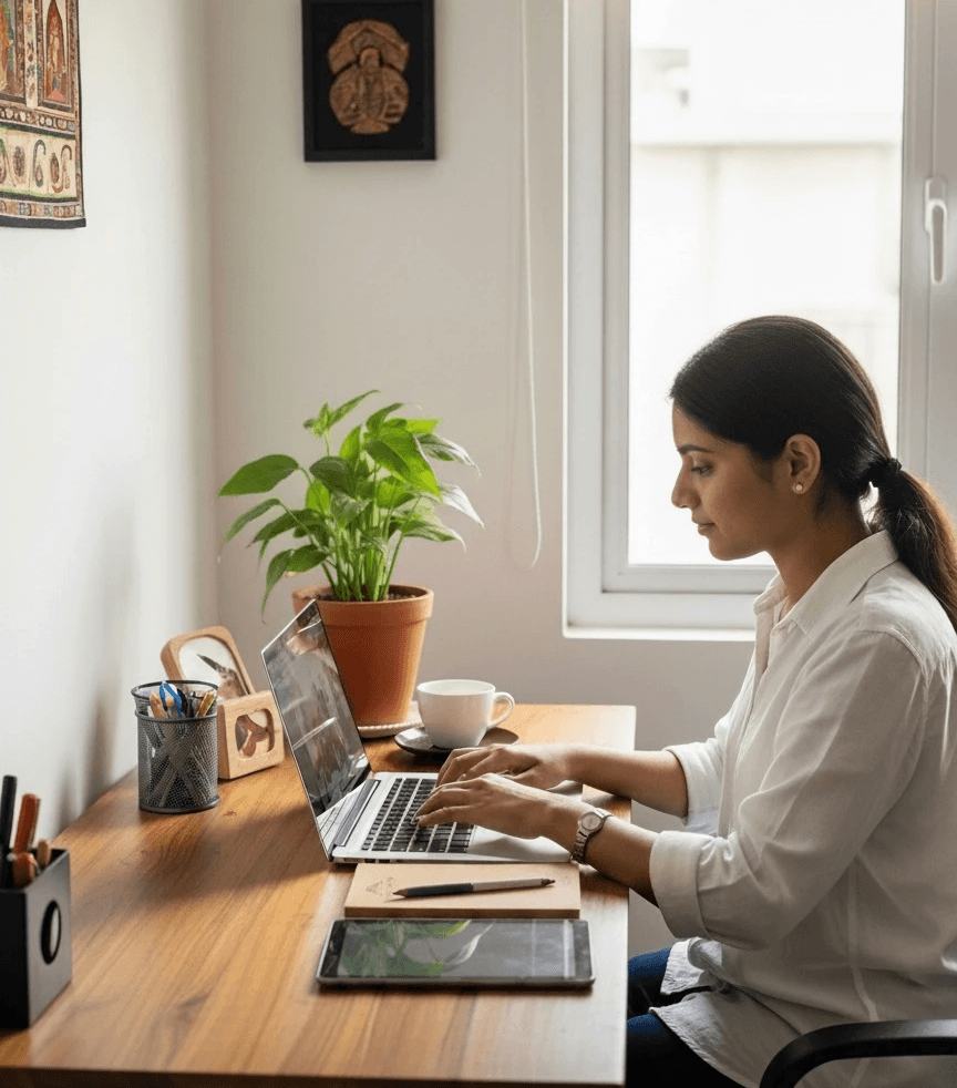 Freelance Graphic Designer, Anannya, getting a clear financial picture by tracking income and expenses and connecting her bank account to Quicko
