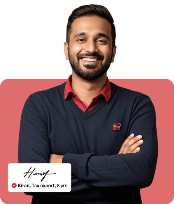 A Tax expert standing with a name tag “Kiran, Tax expert, 8 years"
