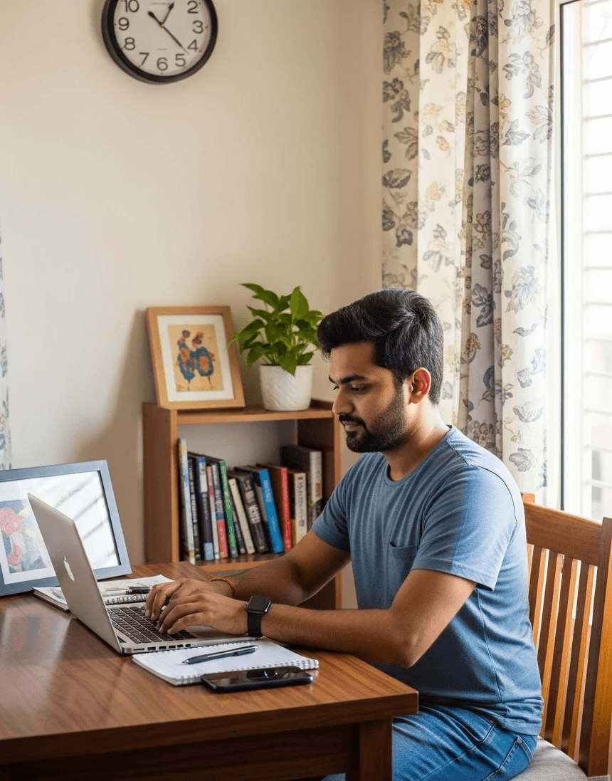 Options Trader, Arjun, working on a laptop, getting tax reports prepared in minutes by syncing hundreds of transactions from his broker.