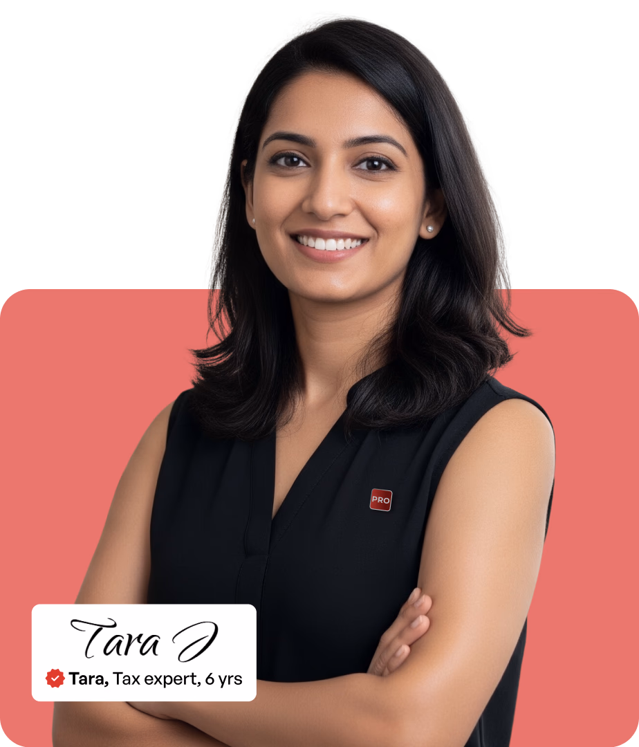 A Tax expert standing with a name tag “Tara, Tax expert, 6 years"
