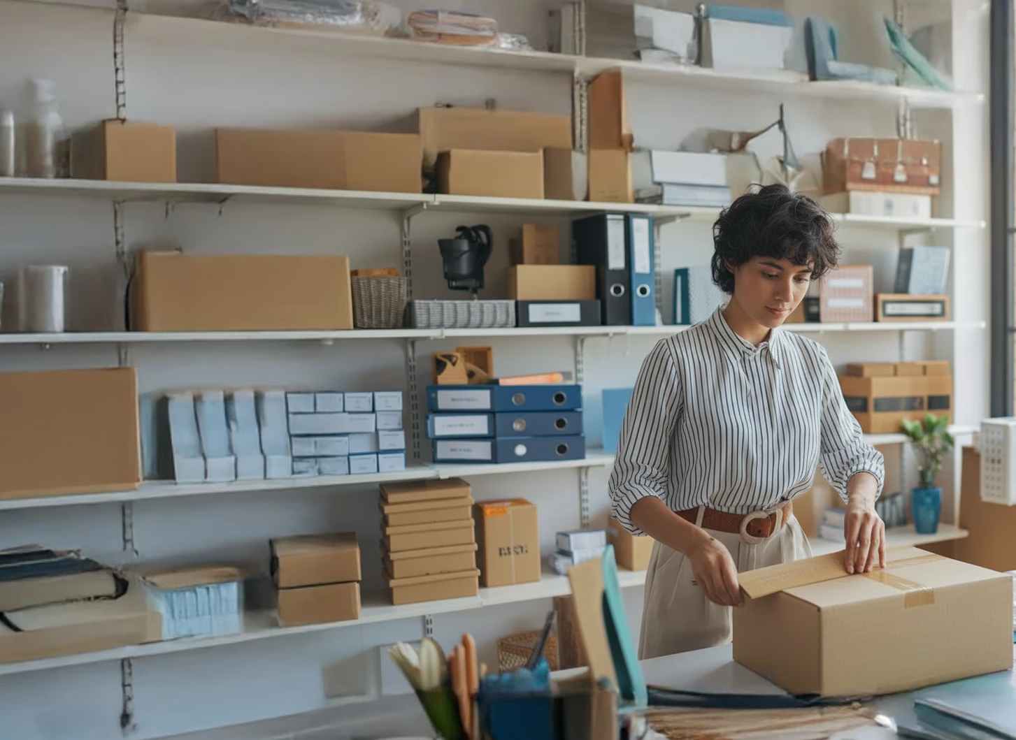 Woman packing a box in a small workspace with shelves of supplies, representing a solopreneur managing her business.