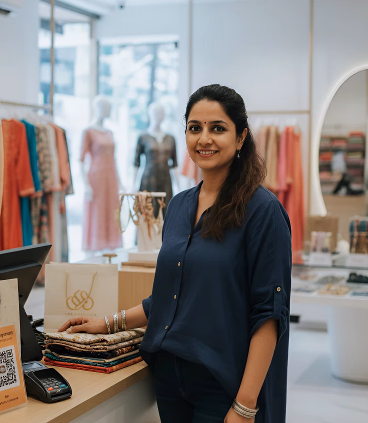 Poonam is standing at the counter of her boutique and smiling at the camera