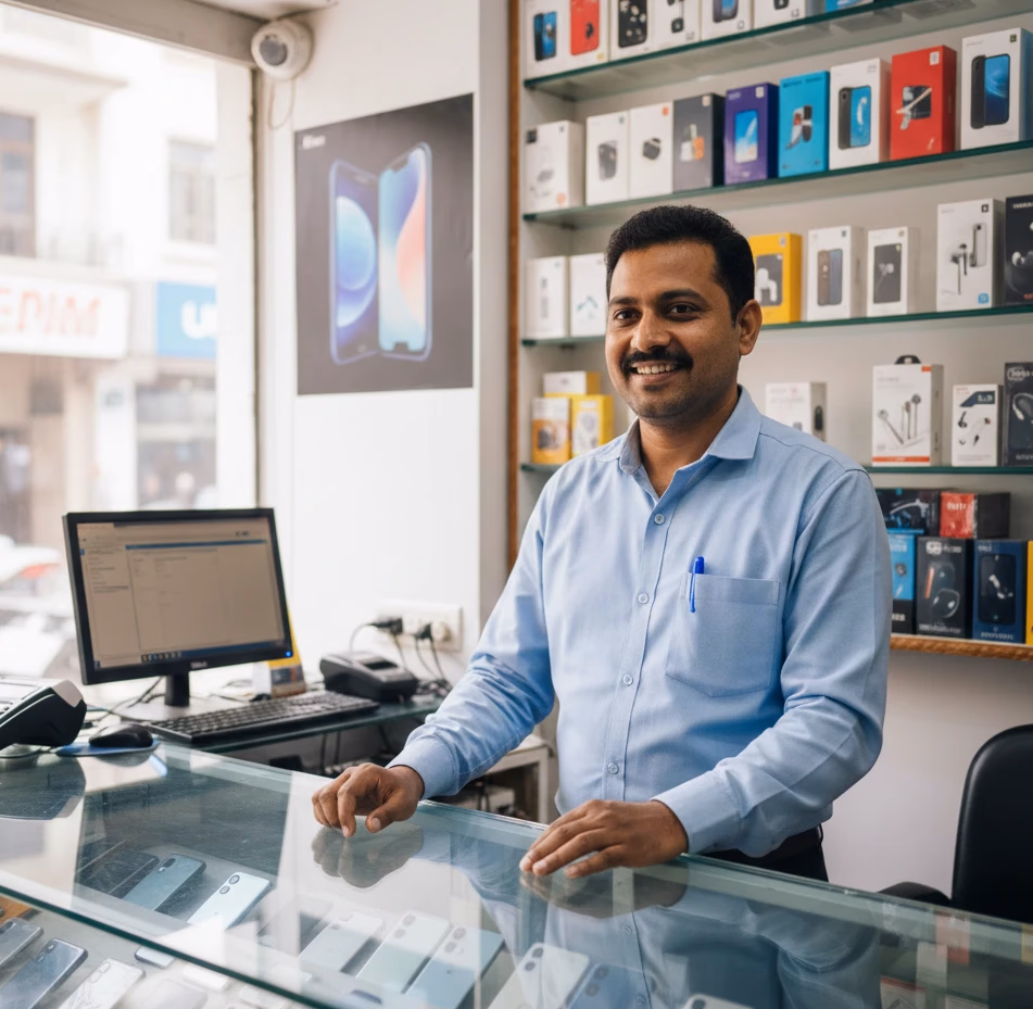 Ramesh, owner of an electronicis store, standing at the counter with a welcoming smile