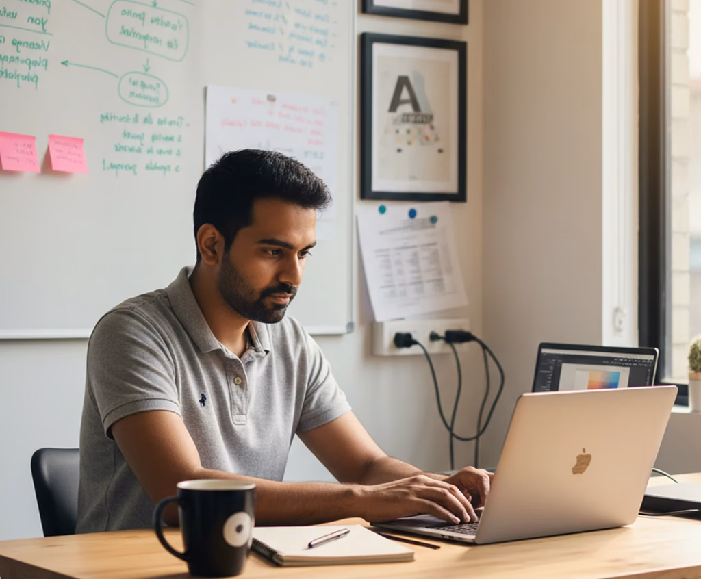 Rohit is the sole owner of an agency he just started. He is seated at his desk and intently working on something at his computer.