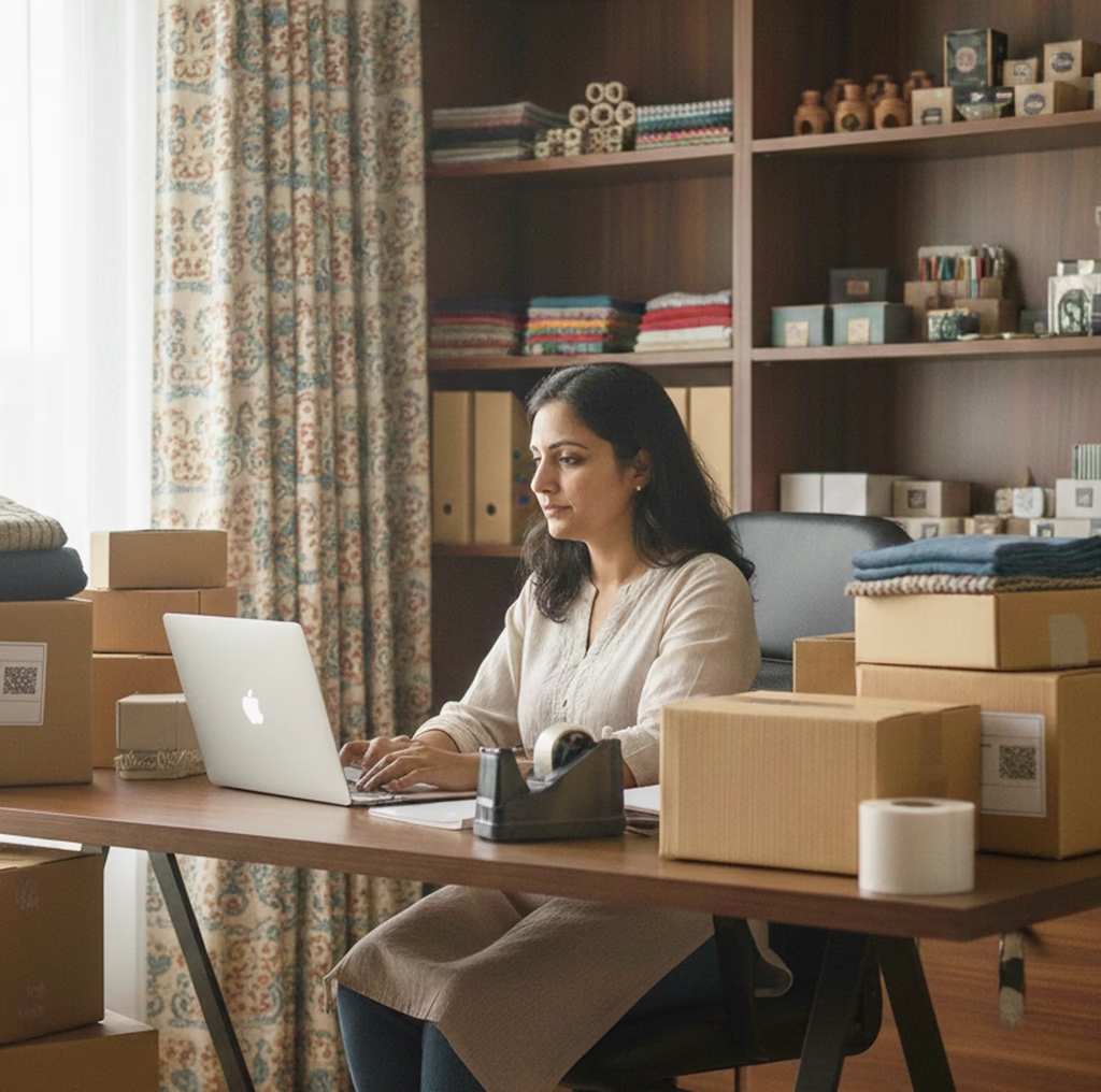 Sonal is an online seller and is working at her desk with boxes of inventory around her.