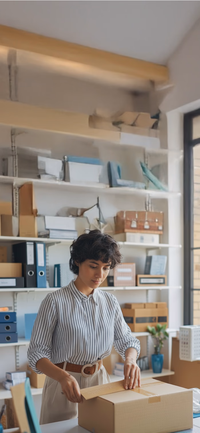 Woman packing a box in a small workspace with shelves of supplies, representing a solopreneur managing her business.