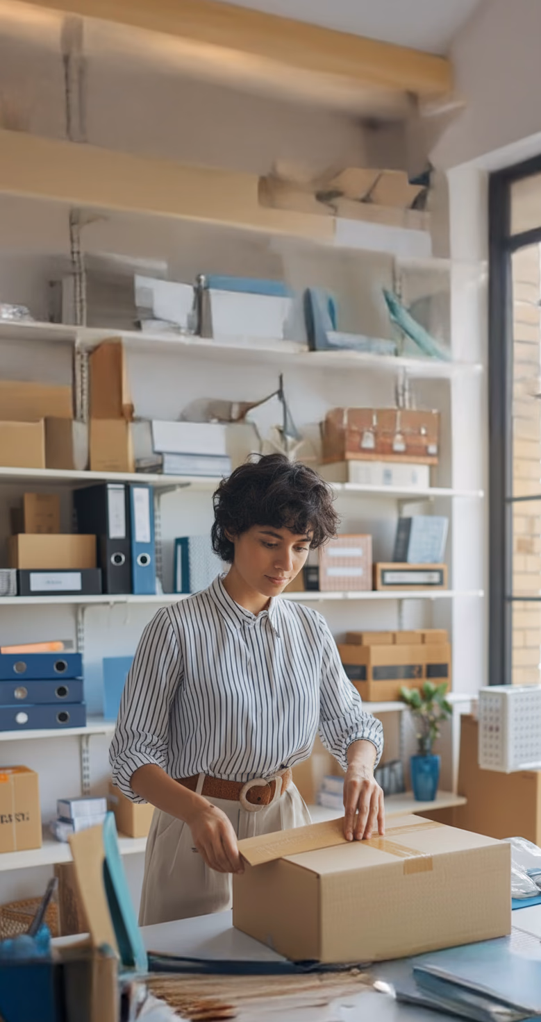 Woman packing a box in a small workspace with shelves of supplies, representing a solopreneur managing her business.