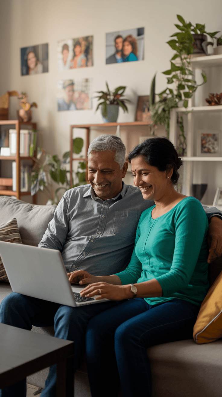 Retired couple, Meena & Raj, reviewing finances together on a laptop, seeking simple tax solutions with a Tax Expert